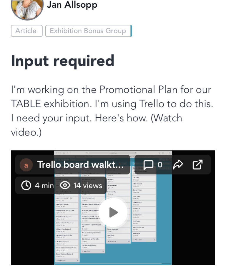 Jan Allsopp sharing the promotional plan on Trello