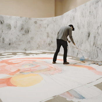 Male artist making a wall and floor drawing